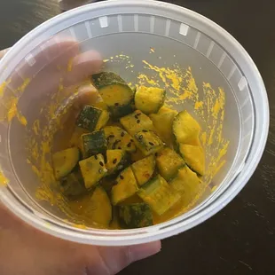 Small portions of cucumber side.