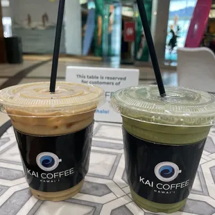 iced matcha latte and iced kai latte