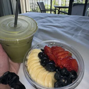 Acai bowl and iced matcha