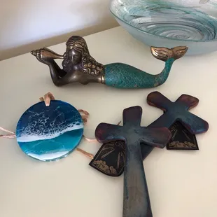 Bronze mermaid, Raku ceramic crosses, epoxy resin art