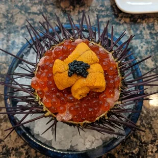 Caviar, uni, ikura, fatty tuna on rice