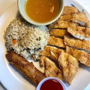 Lemon Chicken with fried rice, egg roll.