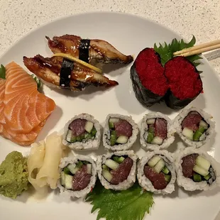 Salmon sashimi, unagi, fish roe, tuna jalapeño cucumber roll