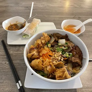 Pork and steak rice bowl with tofu spring roll
