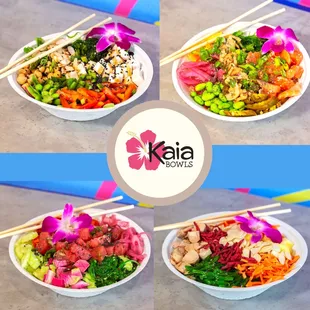 Vegan, salmon, tuna and chicken poke bowls.