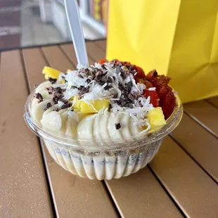 a banana split in a bowl