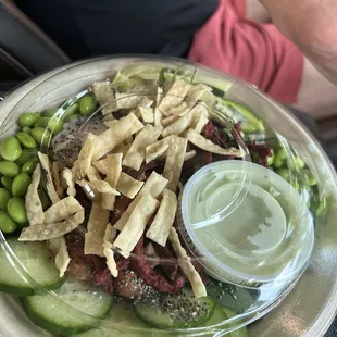 Takeout Tuna and shrimp bowl