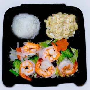 shrimp, rice, and vegetables