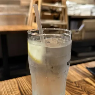 Ice water with lemon wedge