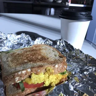 Vegan egg sandwich and a coffee. So good!