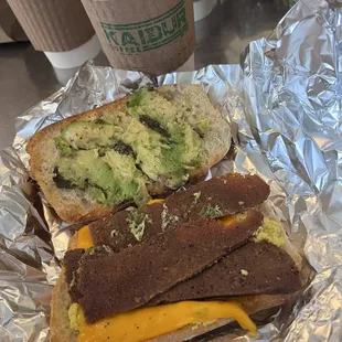 Vegan bacon egg cheese with avocado