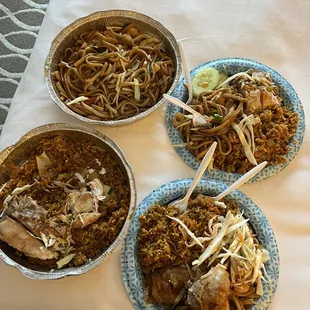 three bowls of food on a table