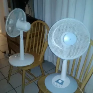 the two chairs with fans sitting on them that are clogging up space and were basically our air conditioner.