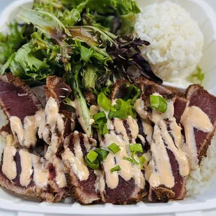 Blackened Ahi Plate with Rice &amp; Salad - $15 from Grandma's G tent