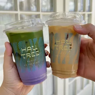 Iced ube matcha latte &amp; salted caramel latte