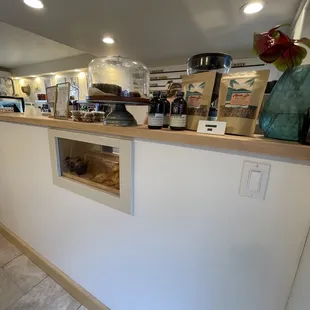  counter with coffee and pastries on it