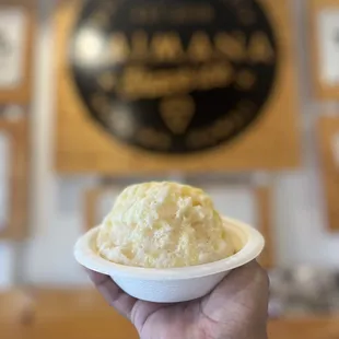 a hand holding a bowl of ice cream