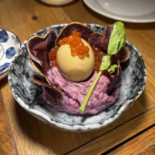 Okinawan Sweet Potato Salad $14 A sweet twist to a Japanese favorite potato salad. Served with fried sweet potato chips, ikura, and ajitama