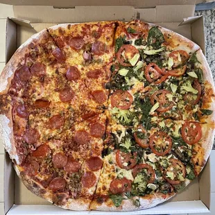 Half Meatzilla, Half Veggie Pizza. Whole lotta delicious!