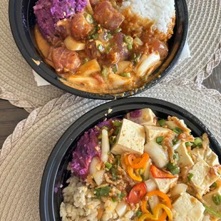 Spicy ahi poke with white rice, avocado, and purple sweet potato mash.  And tofu poke with brown rice and purple sweet potato mash.