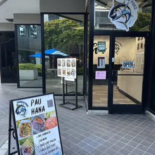 the entrance to a restaurant