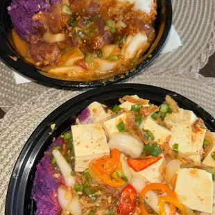 Spicy ahi poke with avocado, white rice and purple sweet potato mash.  Tofu poke with brown rice and purple sweet potato mash.