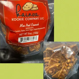Kainoa Kookie Company LLC  Mac Nut Crunch. Found these at Kapiolani Medical Center Gift Shop!