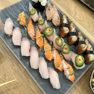 Yellowtail, ocean trout, yuzu jalapeño yellowtail, scallop, seared salmon, unagi nigiri