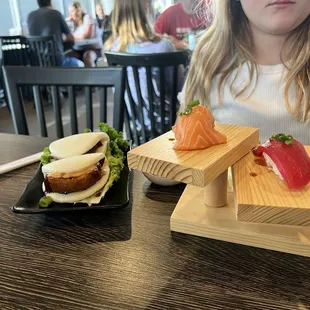 Tuna Nigiri, Salmon Nigiri &amp; Pork Belly Bao Buns