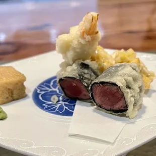 Halibut, Corn and 14-day aged Wagyu with Tempura Sauce