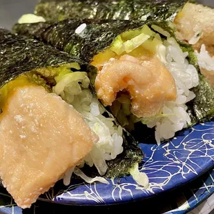 Fried Salmon Hand Roll and Soft Shell Crab Hand Roll