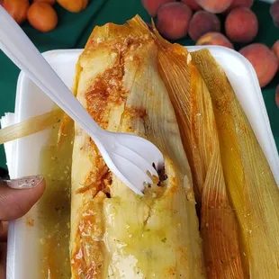 A HUGE pork tamale with green sauce. DELISH!!!! Only $4!