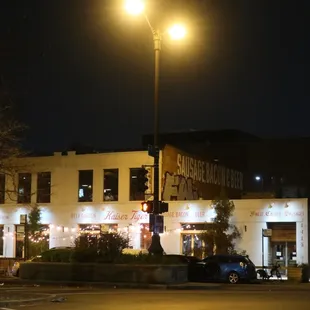 An evening storefront view.