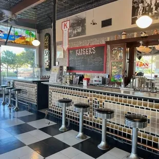 Interior has origional soda fountain and great historic photos and stained glass!