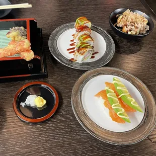 a variety of sushi dishes