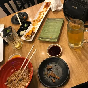 California Roll, Temptation Roll, crazy sake, BBQ Bu-Ta Don, Michelob ultra