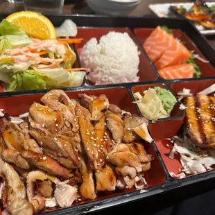3 Items Bento Box - Great portions and tastes great! Salmon Sashimi, Salmon Teriyaki, and Chicken Teriyaki tonight.
