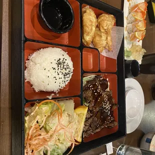 Beef teriyaki and Gyoza bento box. $20.95 was good lots of food. Dairy free.