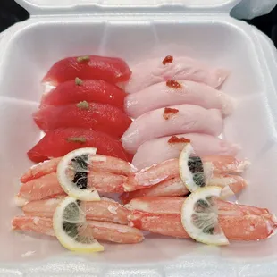 Tuna, yellowtail, and snow crab nigiri