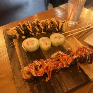 Top: Kaizen Fried Roll Middle: CUCUMBER ROLL SPECIAL Bottom: valcano roll