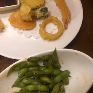Spicy Edamame, tempura shrimp