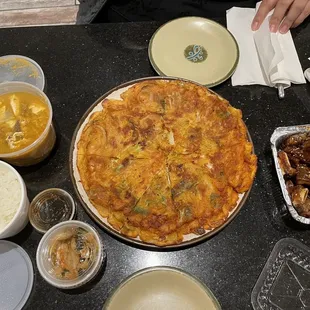 Kimchi tofu stew, galbi, kimchi pancake