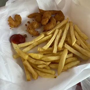 Kids meal, cold rubbery fries, frozen shrimp, batter kept falling off the shrimp