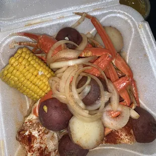 2 snow crabs, corn and potatoes $24.00