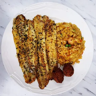 Grilled catfish fillets and fried rice