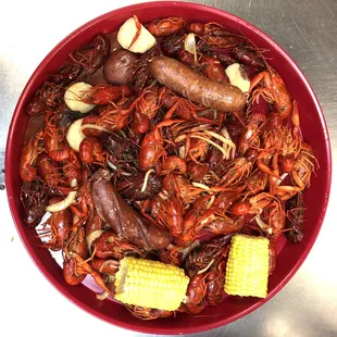 Crawfish, sausage, and corn with our special seasoning