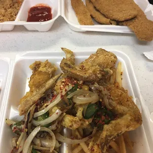 Lemon pepper wings, catfish fillets