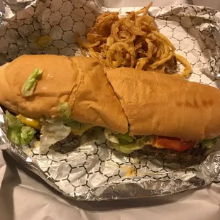 Cheeseburger Poboy and onion rings! Smells amazing!