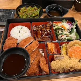 Dinner entree: beef teriyaki, tonkatsu, tempura