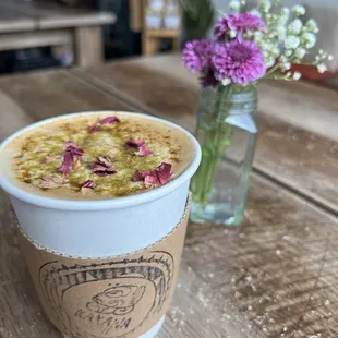 Aleppo Pistachio Latte (Rose water and pistachio, made breve) Mmm